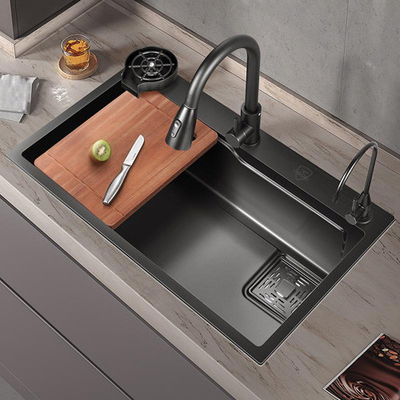 Grand évier à fente unique multifonctionnel anti-rayures LED affichage numérique en acier inoxydable évier de cuisine cascade avec tasse Wa