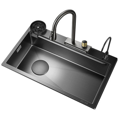 2024 évier de cuisine en acier inoxydable avec 2 clés de piano robinet de cascade à LED grande fente unique Bionique Honeycomb Black Wash Ba