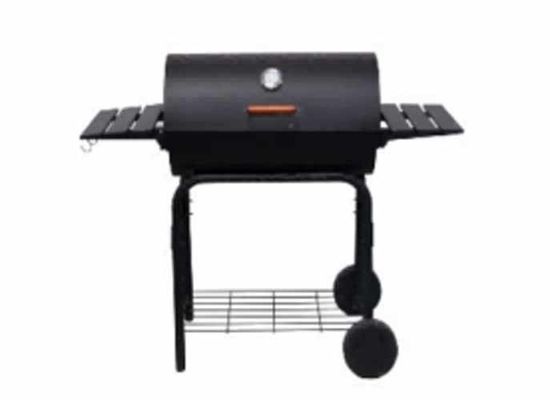 Barbecues de type tonneau rond OEM pour l'extérieur, chariot mobile, grands barbecues au charbon de bois avec panneaux latéraux